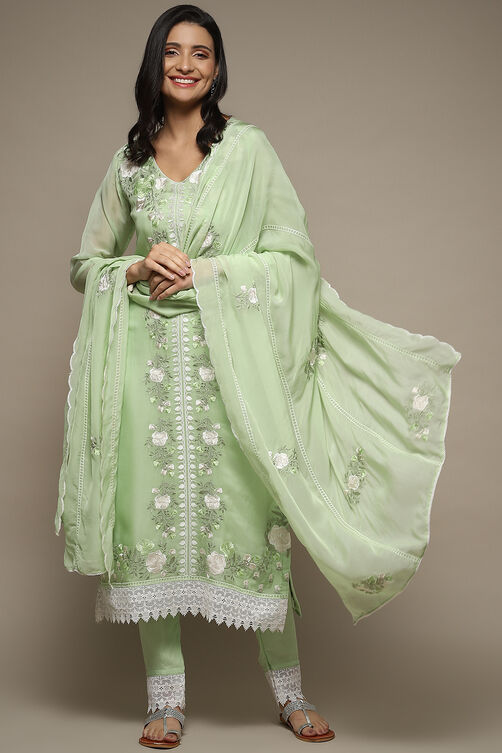 Green Organza Lace Unstitched Suit Set image number 1