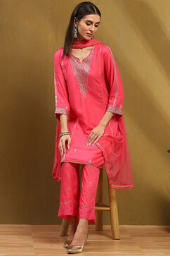Pink Embroidered Straight Suit Set image number 0