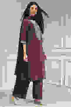 Wine Embroidered Straight Suit Set image number 5