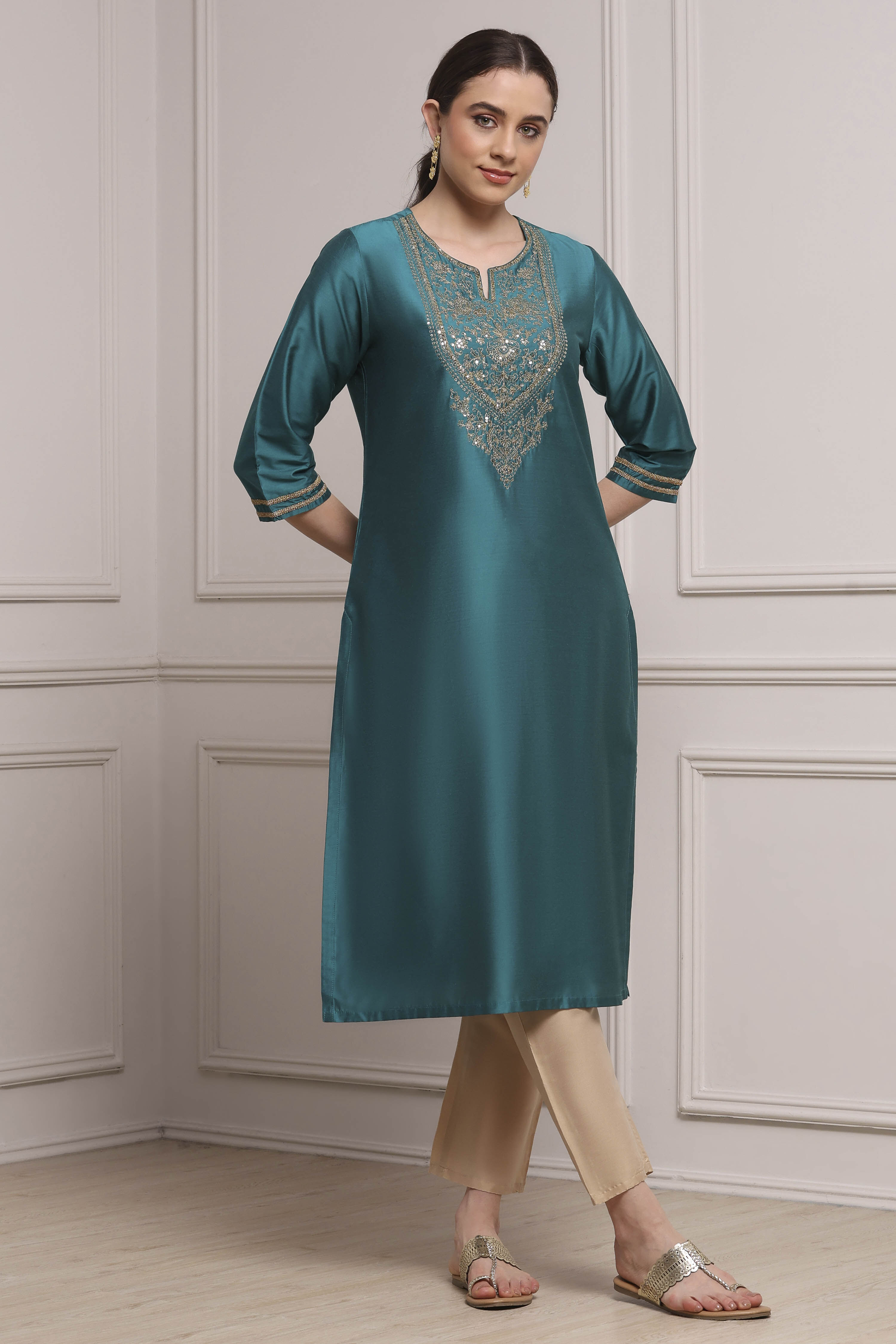 Burnt Orange Viscose Blend Solid Straight Kurta image number 0