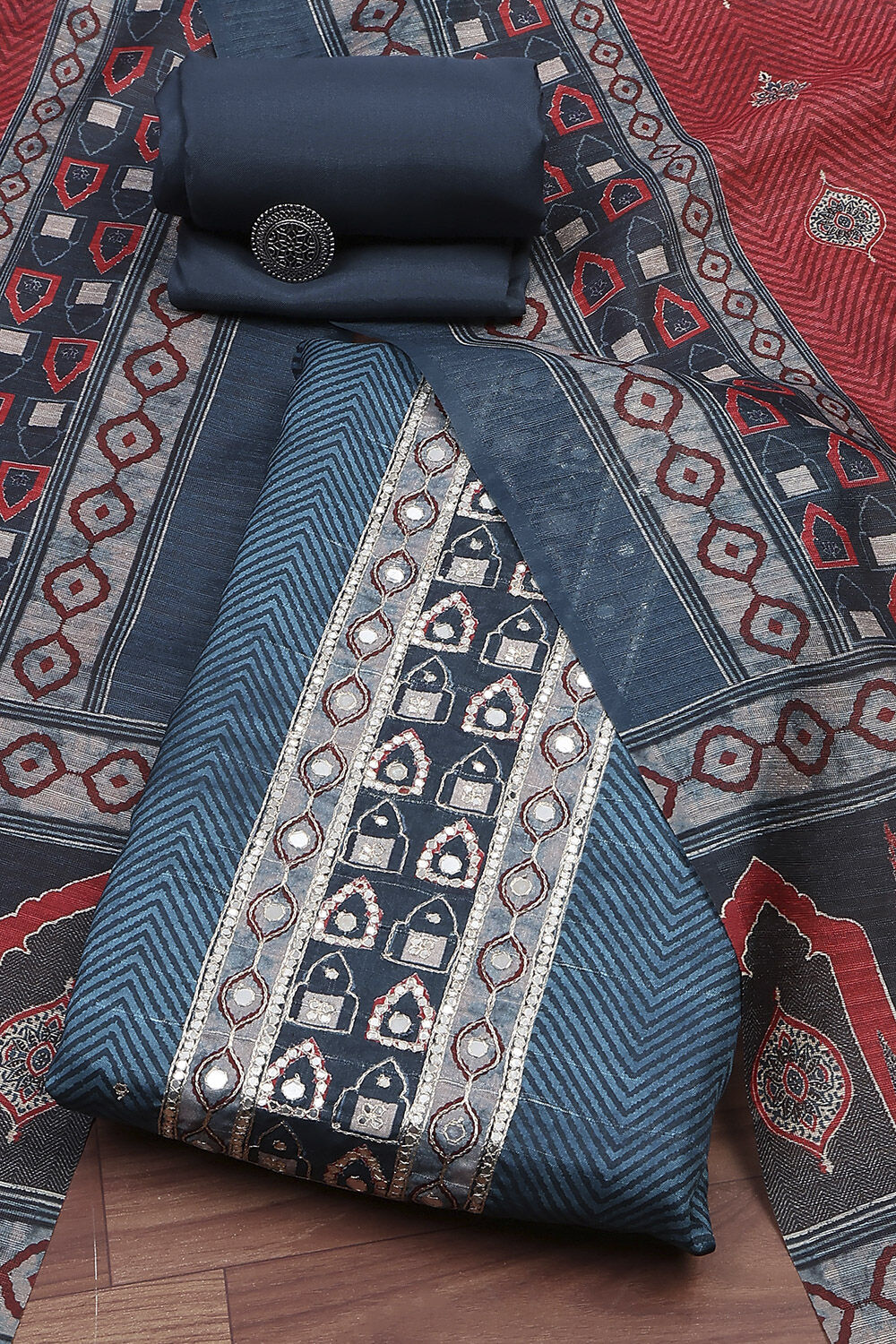 Blue Chanderi Printed Unstitched Suit Set image number 1