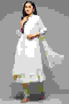 Off White Cotton Blend Layered Kurta Churidar Suit Set image number 7