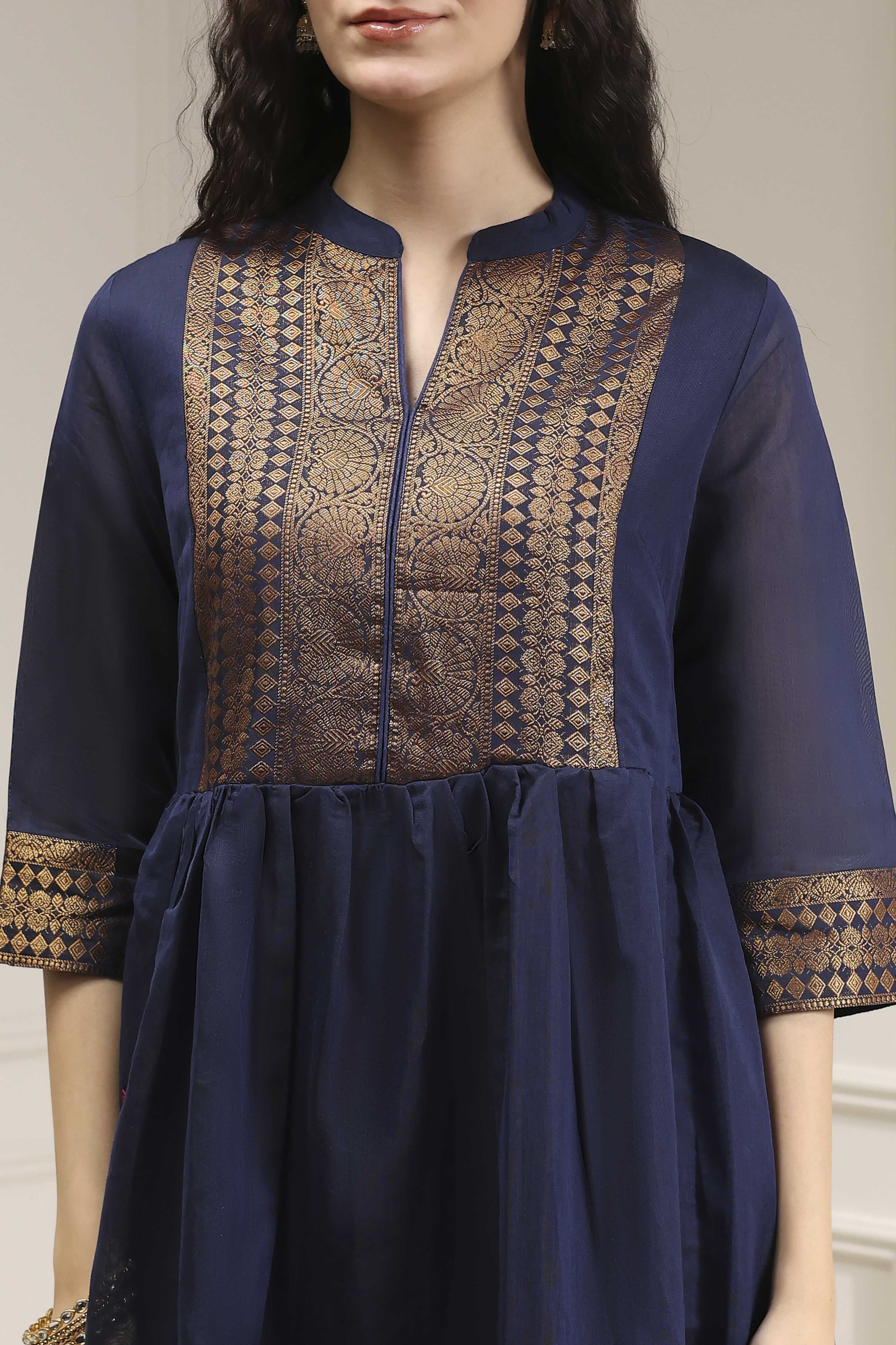 Navy Blue Yarn-Dyed Flared Kurta image number 1
