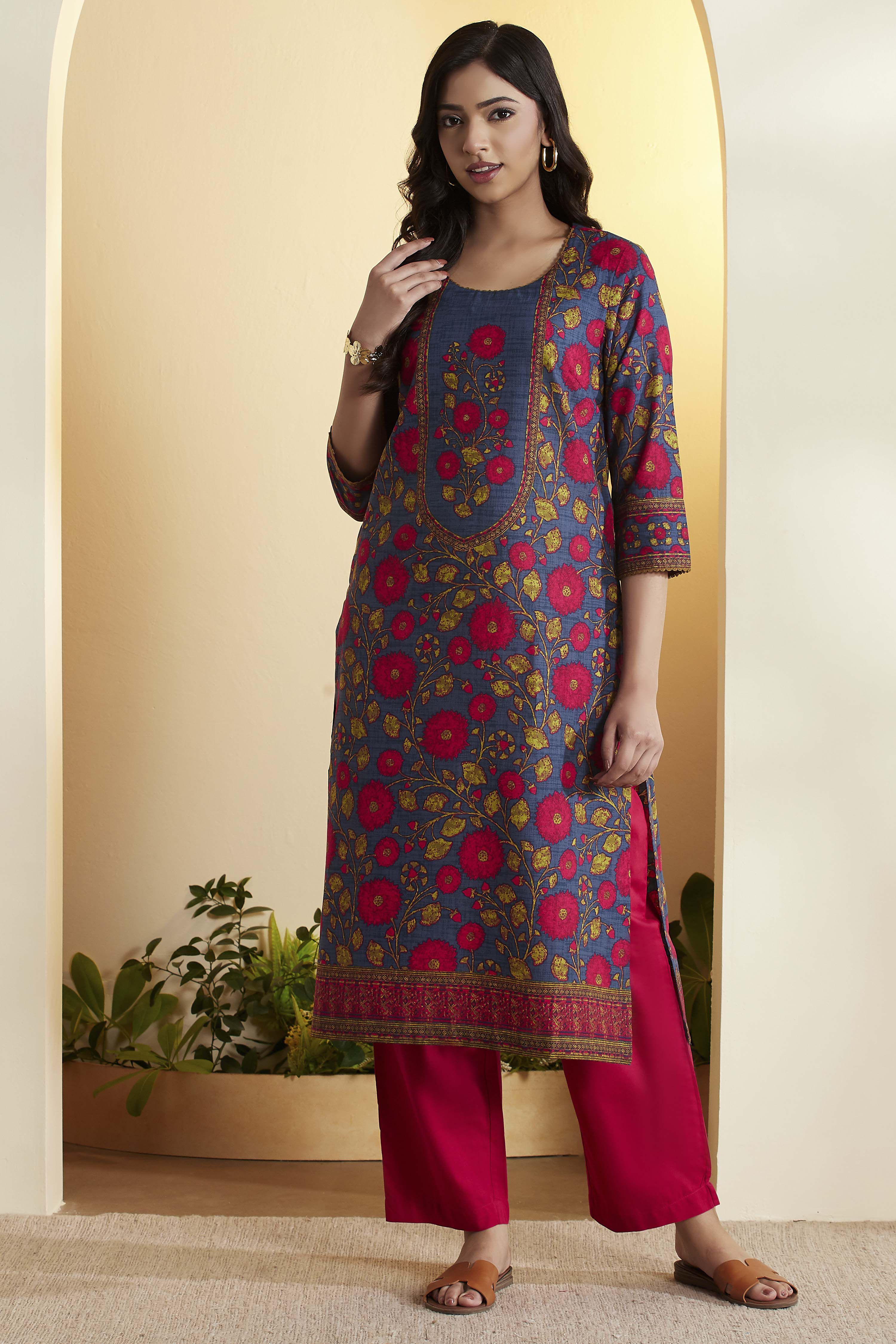 Blue Cotton Straight Kurta image number 5