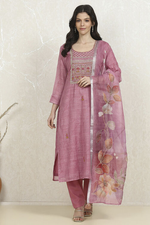 Pink Cotton Hand Embroidered Unstitched Suit Set image number 7