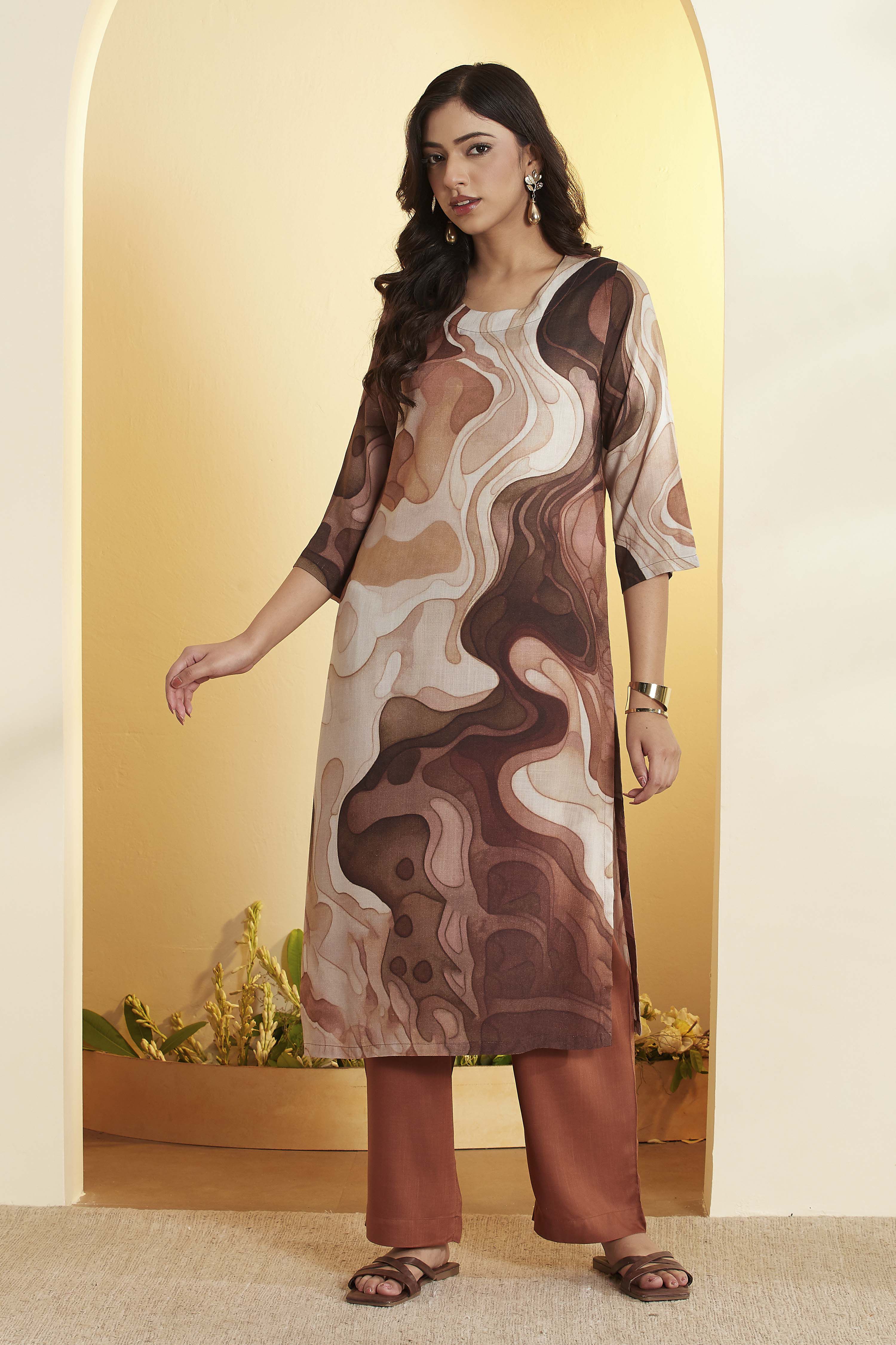 biba Brown Rayon Slub Straight Kurta Pants SetBrown Rayon Slub Straight Kurta Pants Set-picture-275