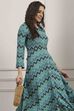 Turquoise Chevron Block Printed Shirt-Style Flared Dress image number 5