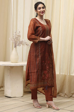 Brown Chanderi Printed Embroidered Unstitched Suit Set image number 7