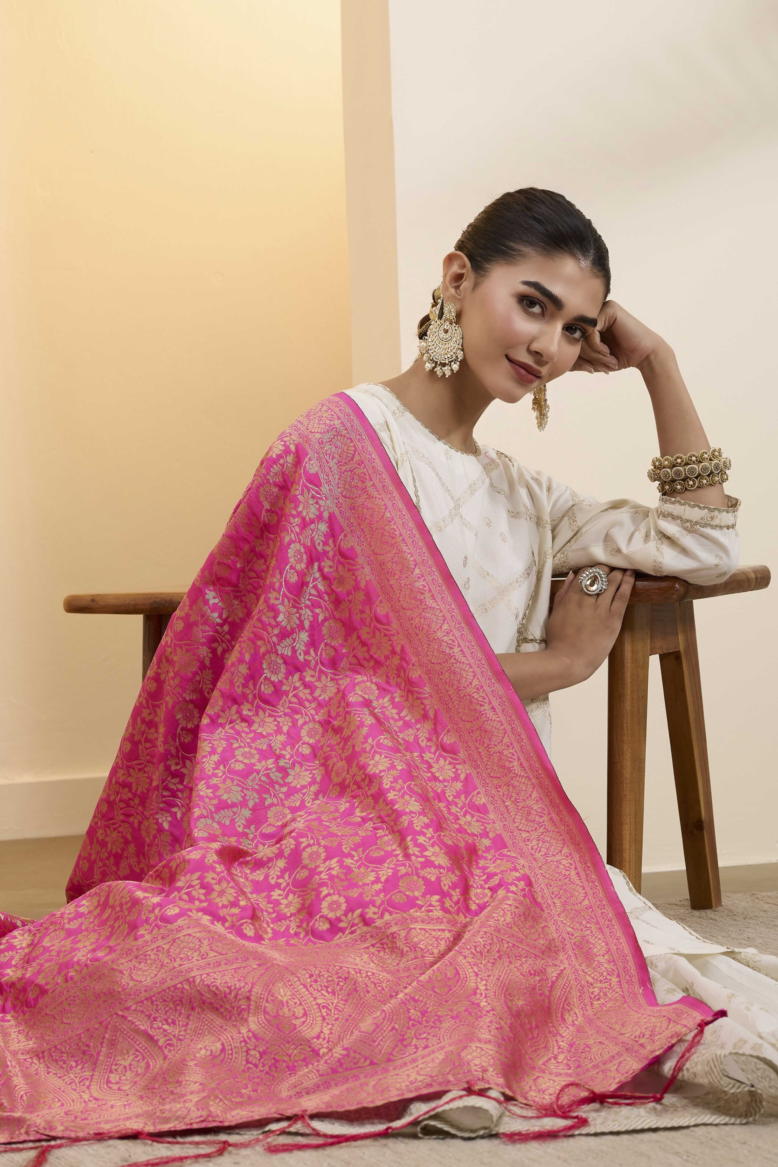 Pink Poly Banarasi Dupatta image number 1