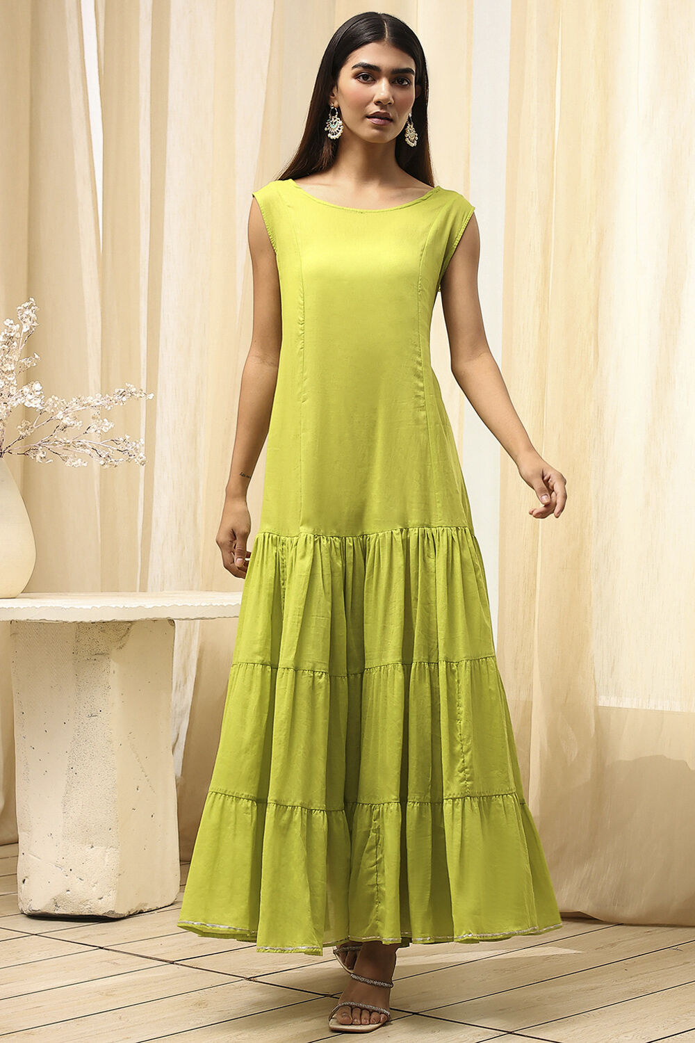 Green Poly Chanderi Layered Tiered Dress image number 2