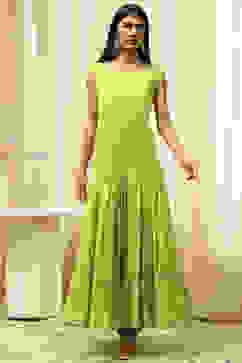 Green Poly Chanderi Layered Tiered Dress image number 2