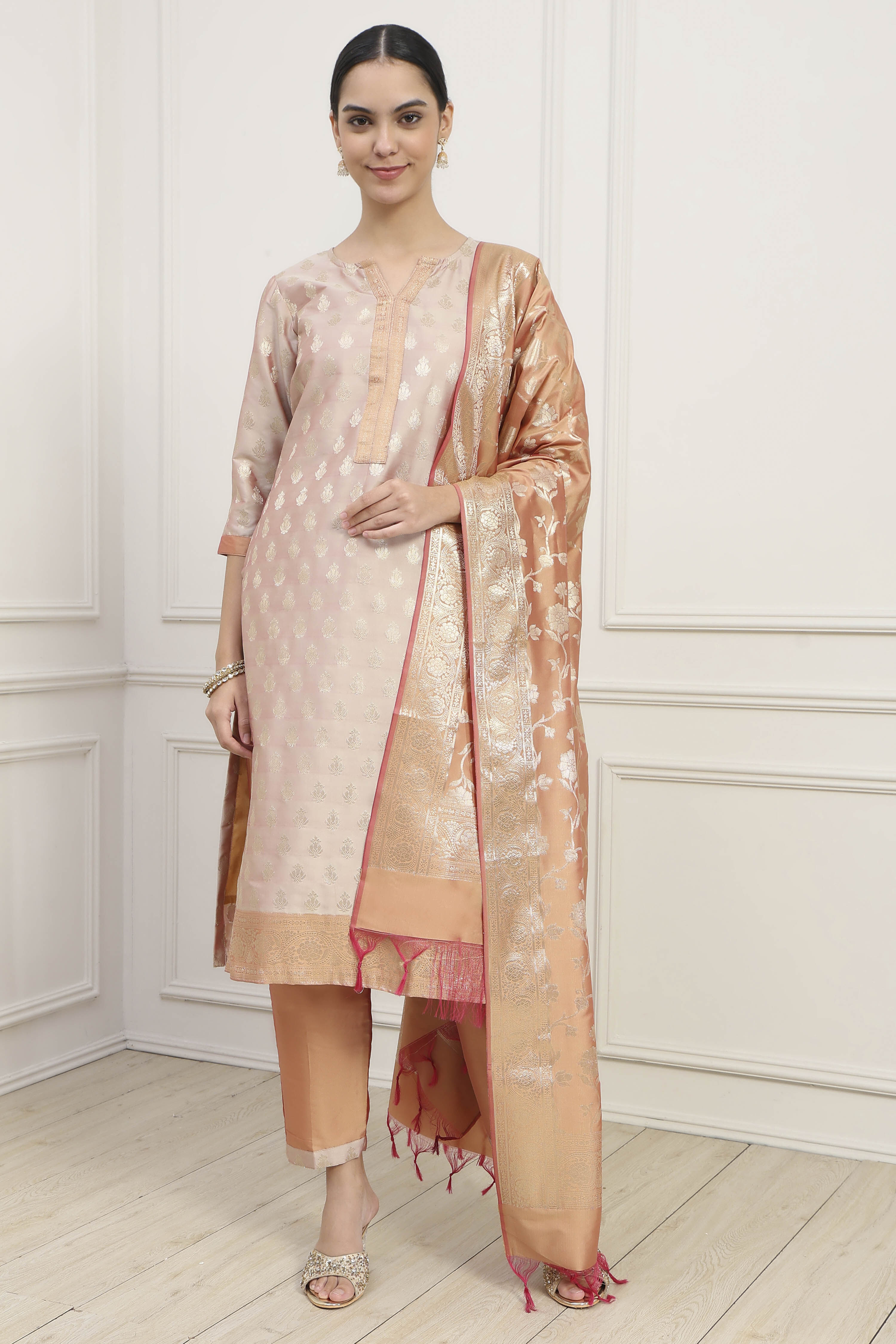 Beige Silk Blend Banarasi Unstitched Suit Set image number 1