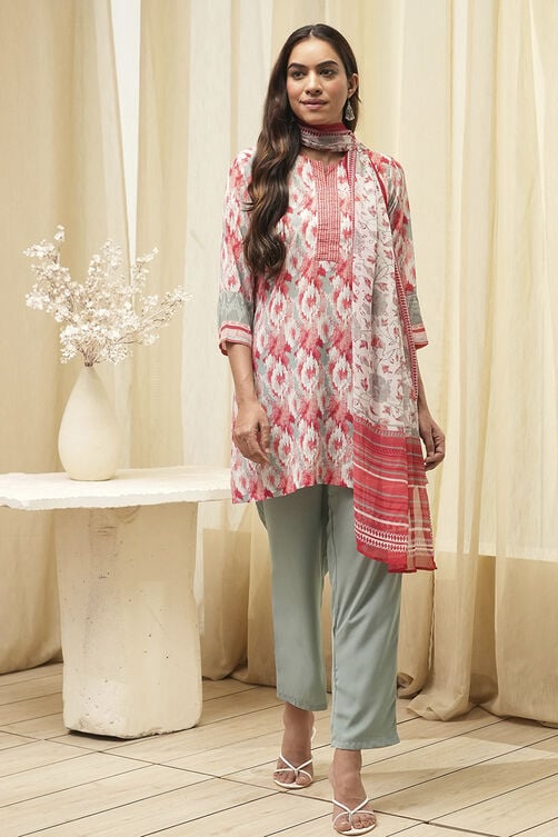 Off White Art Silk Straight Kurta Pant Suit Set image number 0