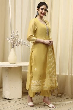 Mustard Chanderi Jamdani Unstitched Suit Set image number 6