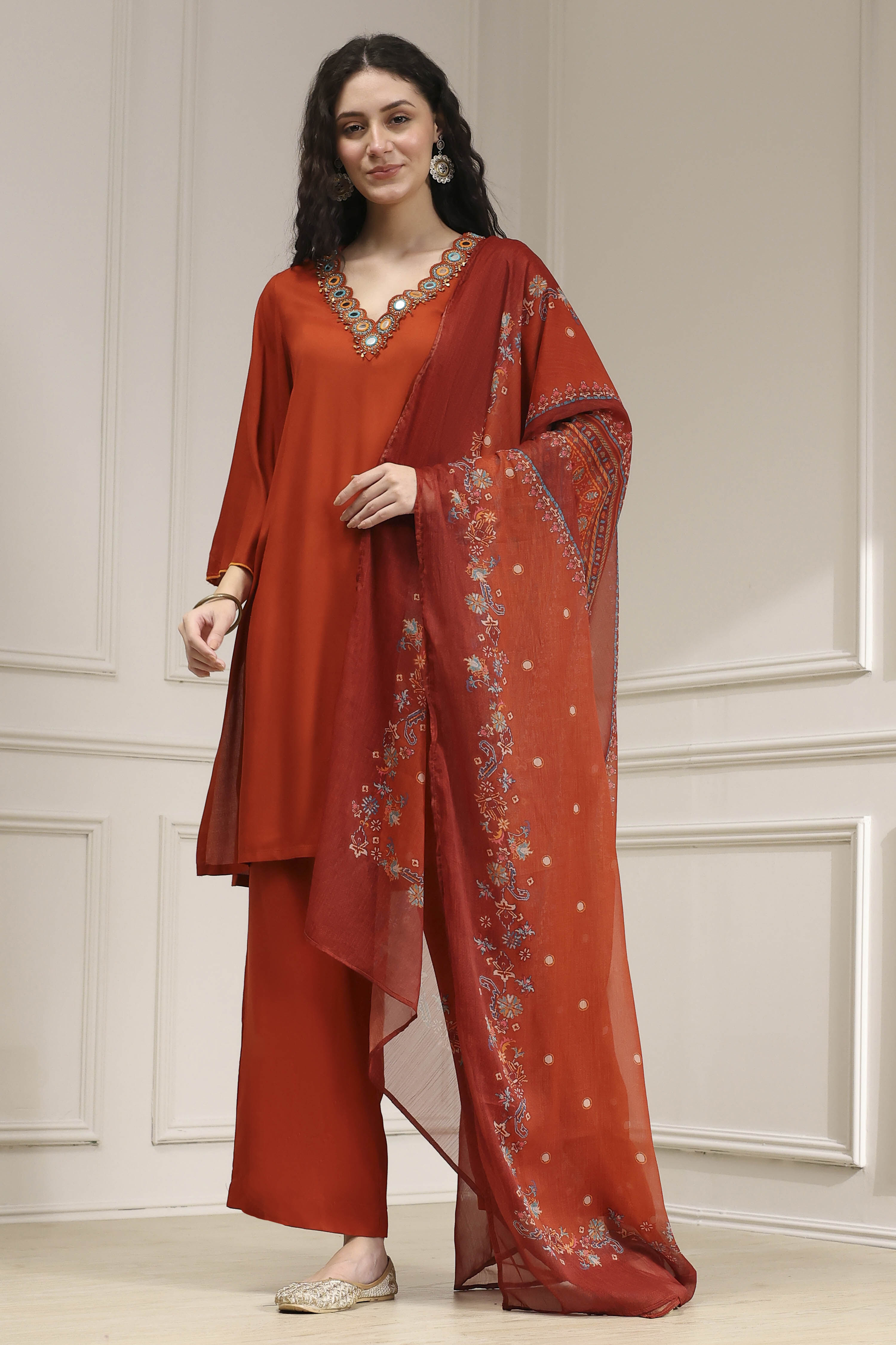 Burnt Orange Solid Relaxed Straight Suit Set image number 6