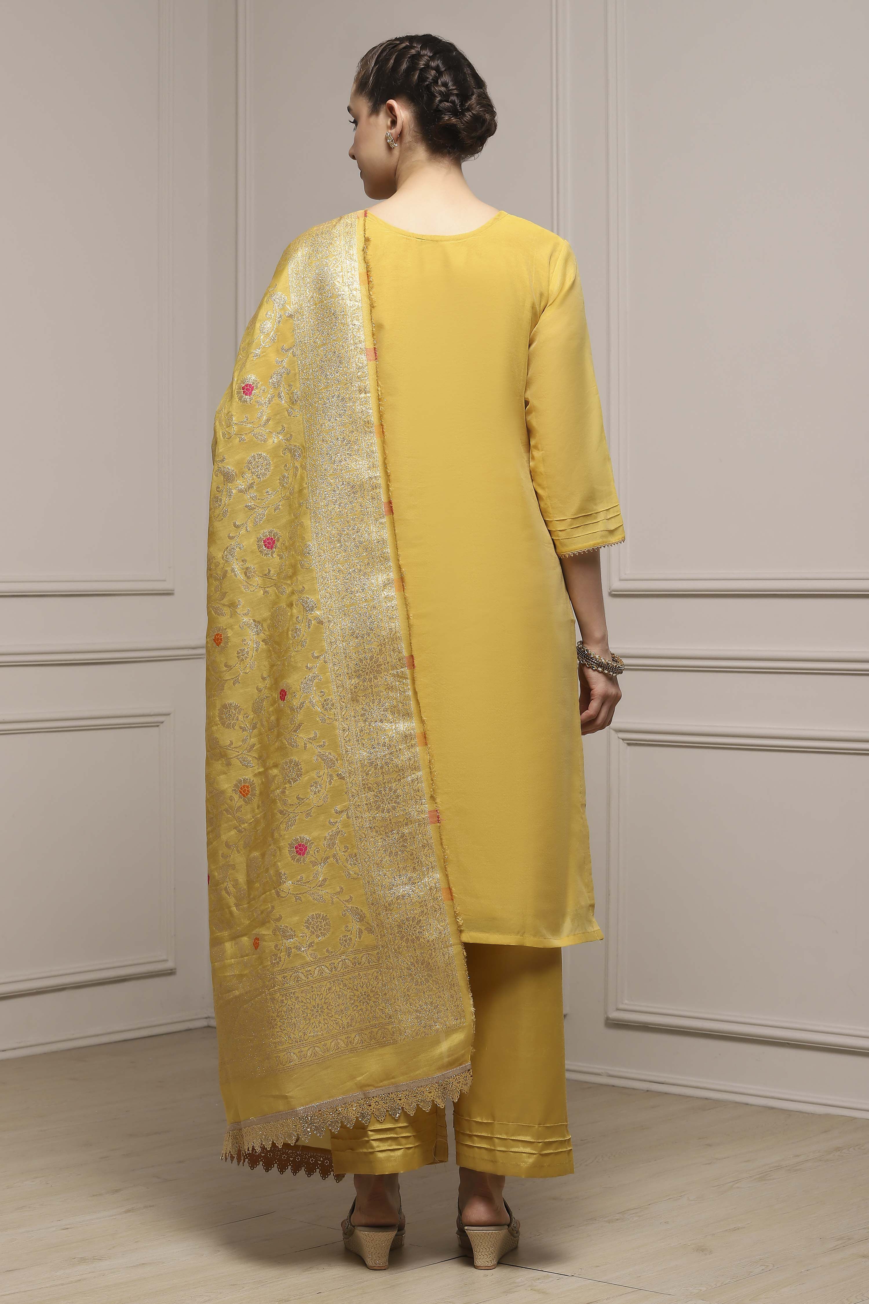 Yellow Tissue Blend Machine Embroidered Unstitched Suit Set image number 5