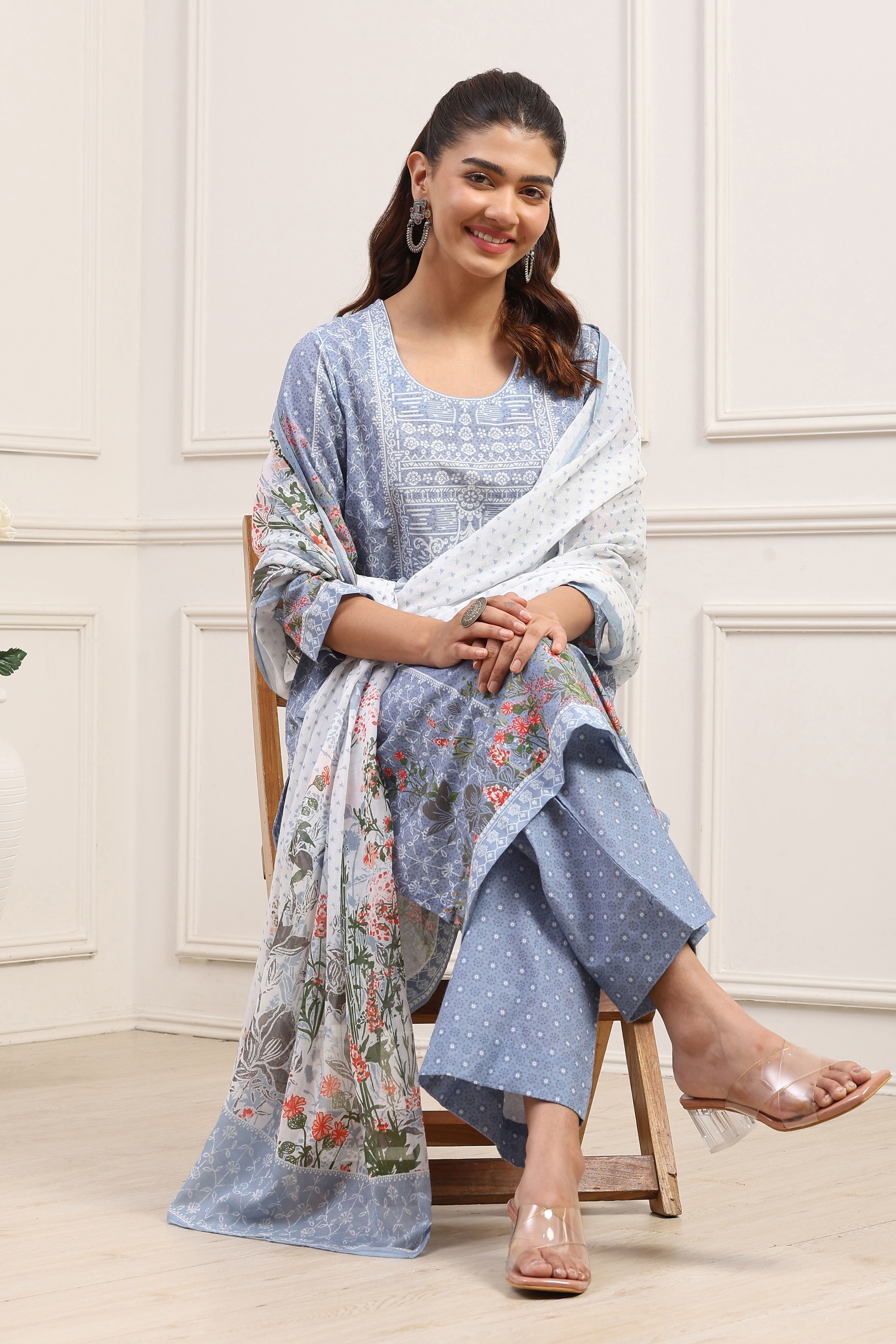 Powder Blue Cotton Straight Kurta Palazzo Suit Set image number 0
