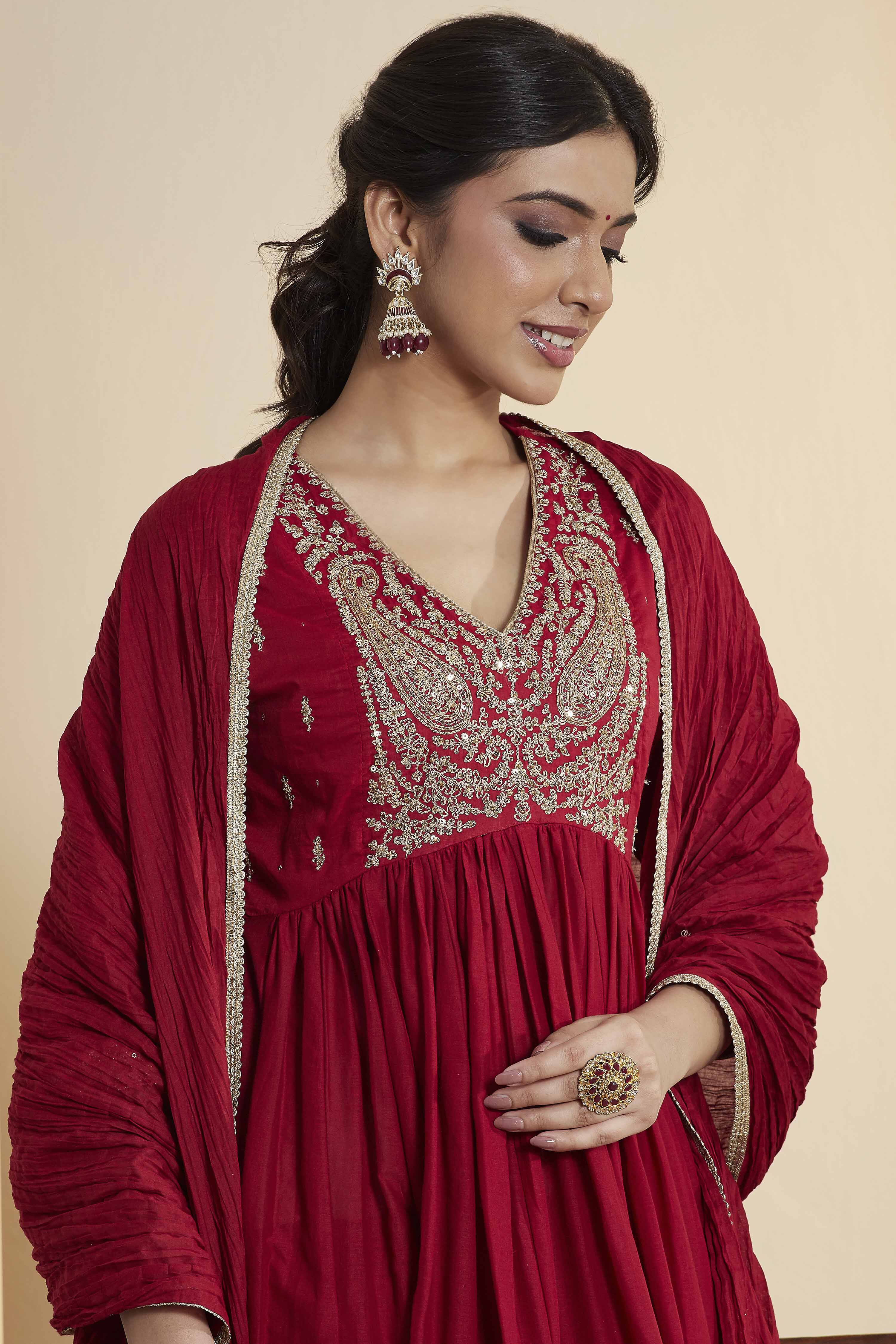 Red Cotton Anarkali Suit Set image number 1