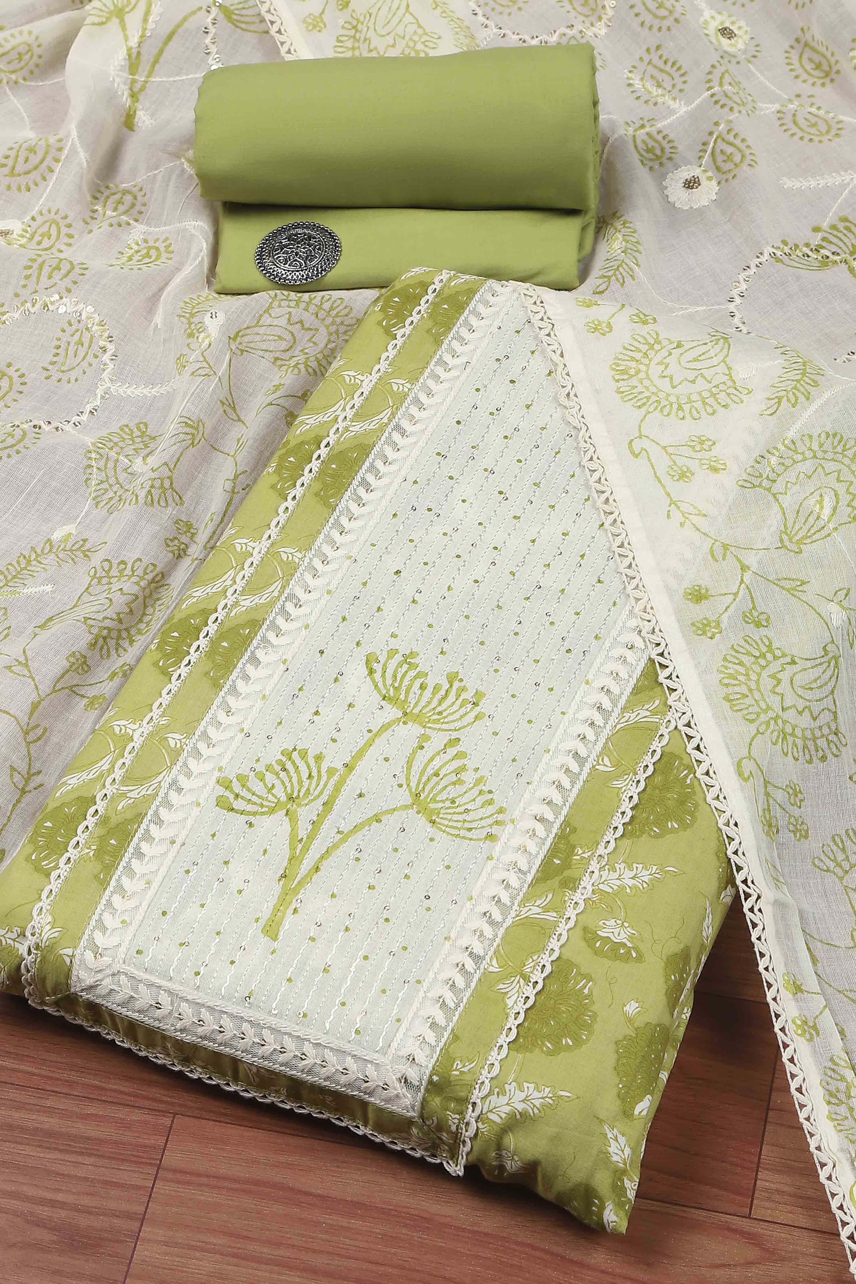 Light Green Cotton Printed Embroidered Unstitched Suit Set image number 0