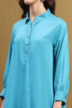 Turquoise Solid Asymmetric Short Kurta image number 1
