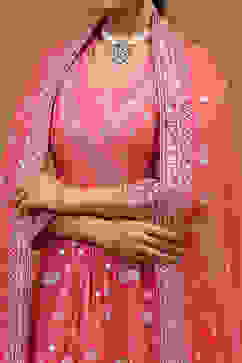 Coral-Pink Polyester Blend Anarkali Lehenga Set image number 2