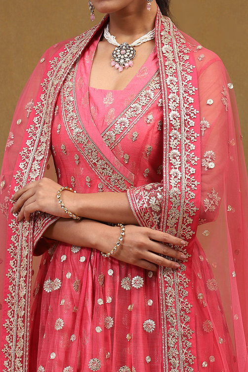 Coral-Pink Polyester Blend Anarkali Lehenga Set image number 2