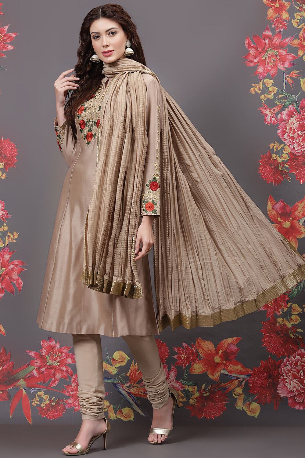 Beige Silk & Cotton Flared Kurta Suit Set image number 4