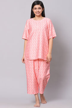 Blush Pink Straight Cotton Three Piece Printed Sleepwear Set image number 0