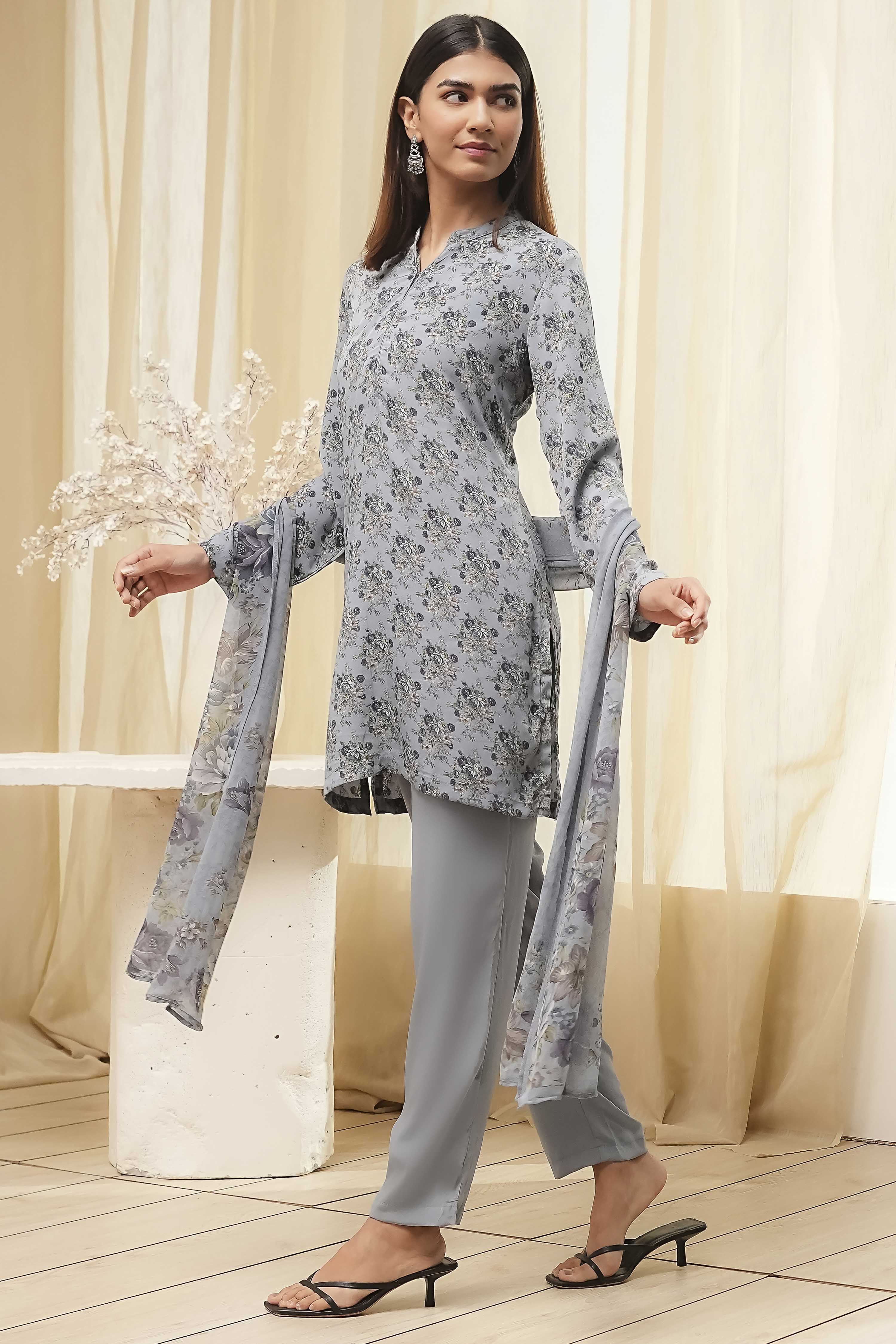 Grey Art Silk Straight Suit Set image number 3