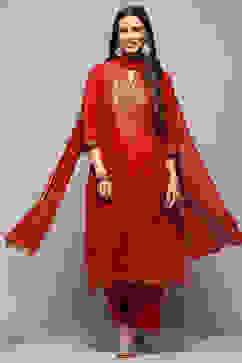 Deep Red Cambric Relaxed Kurta Palazzo Suit Set image number 0