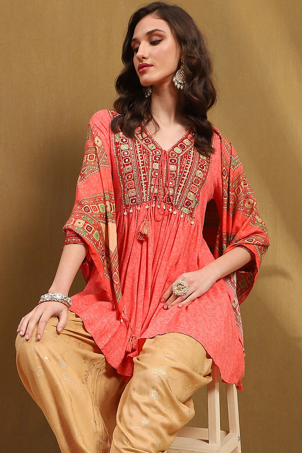 Peach-Toned and Beige Embroidered Peplum Kurta Set image number 7