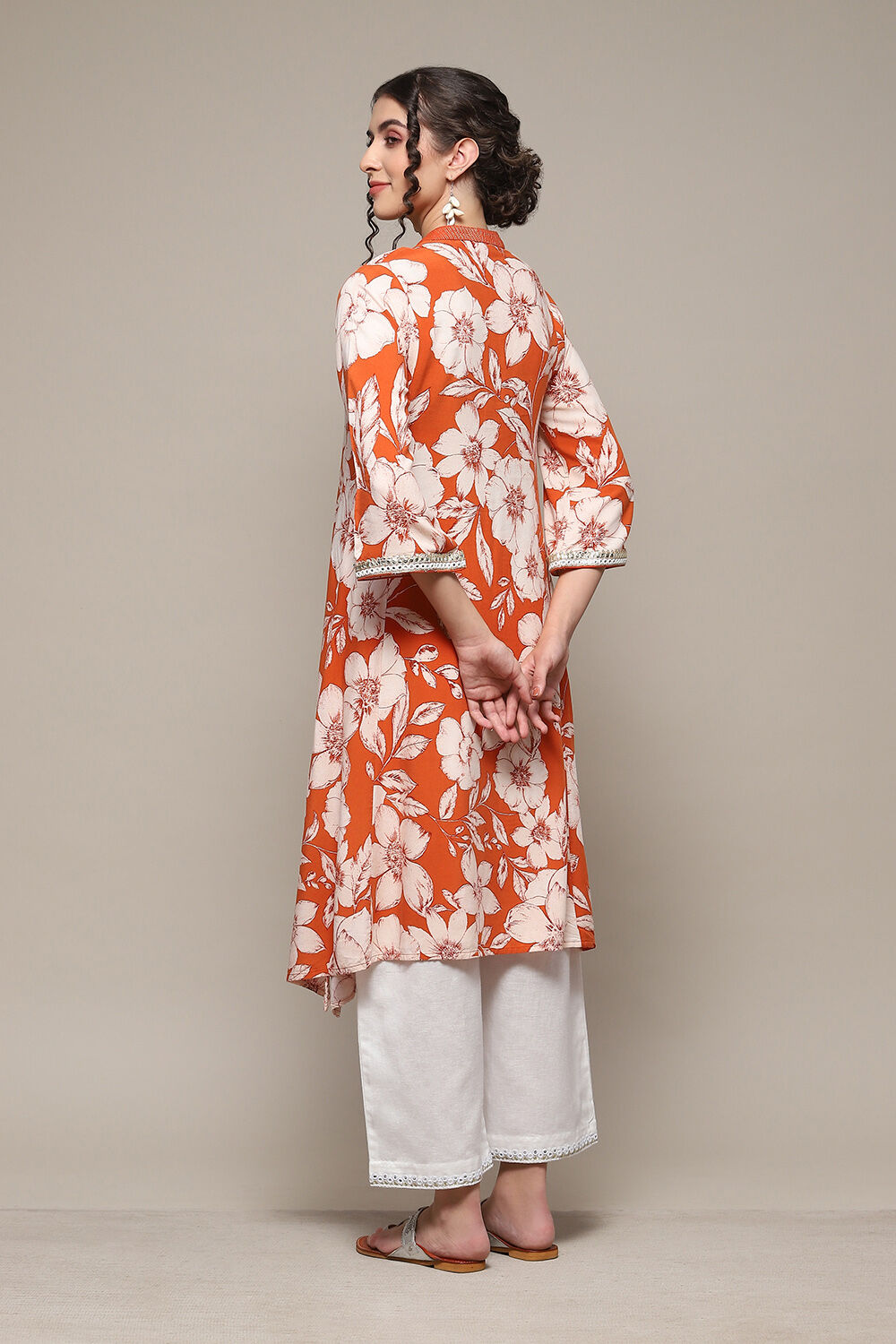 Burnt Orange LIVA Straight Printed Kurta image number 4