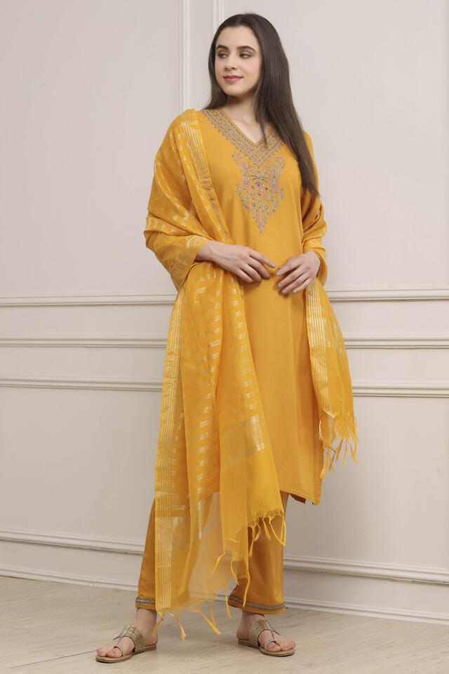 BIBA Yellow Viscose Rayon Straight Suit Set in Mustard Yellow