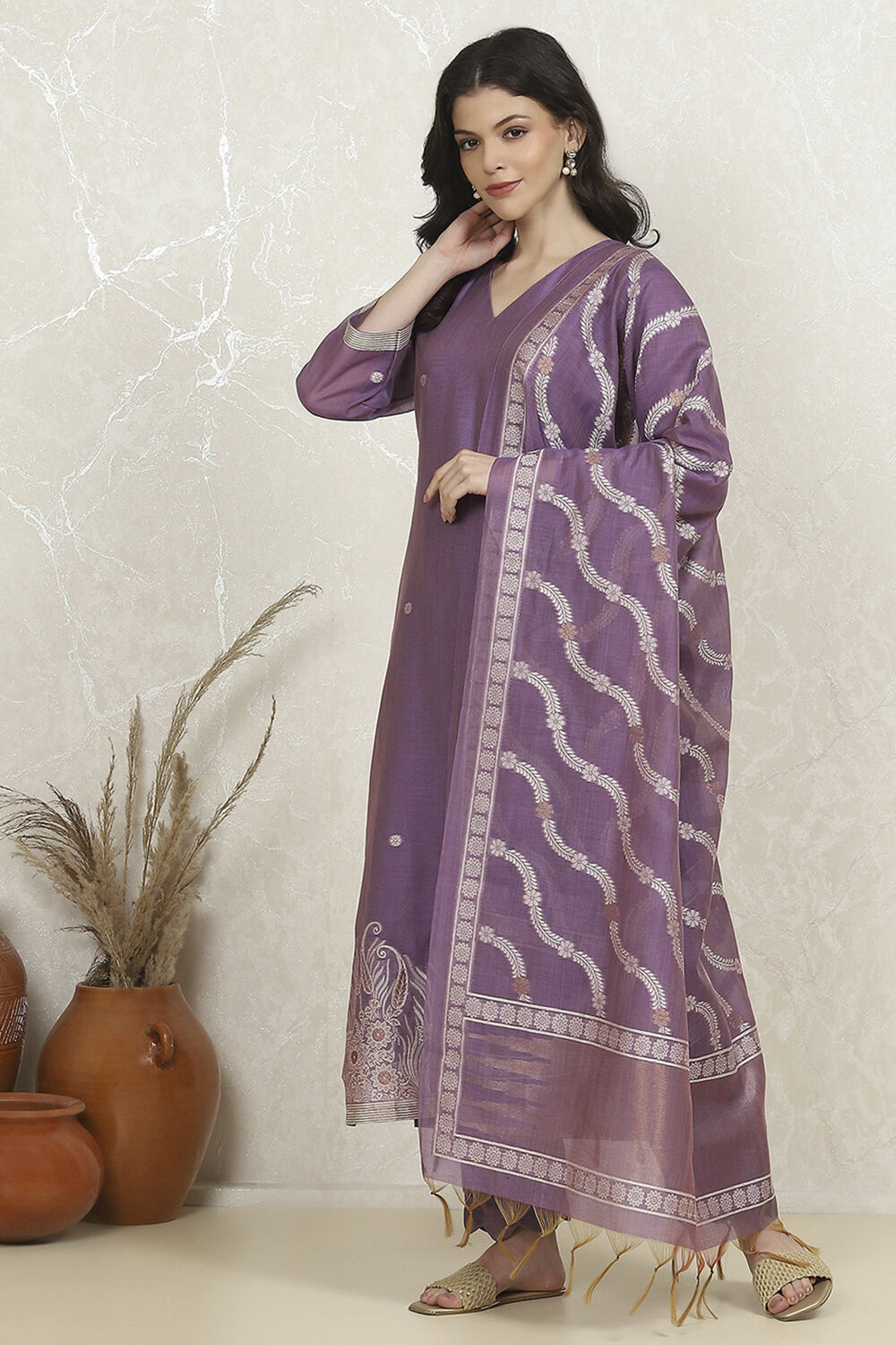 Lavender Chanderi Weave Unstitched Suit Set image number 4