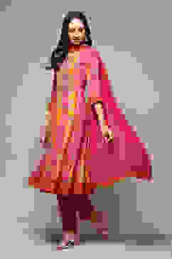 Onion Pink & Mustard LIVA Kalidar Kurta Churi Salwar Suit Set image number 5