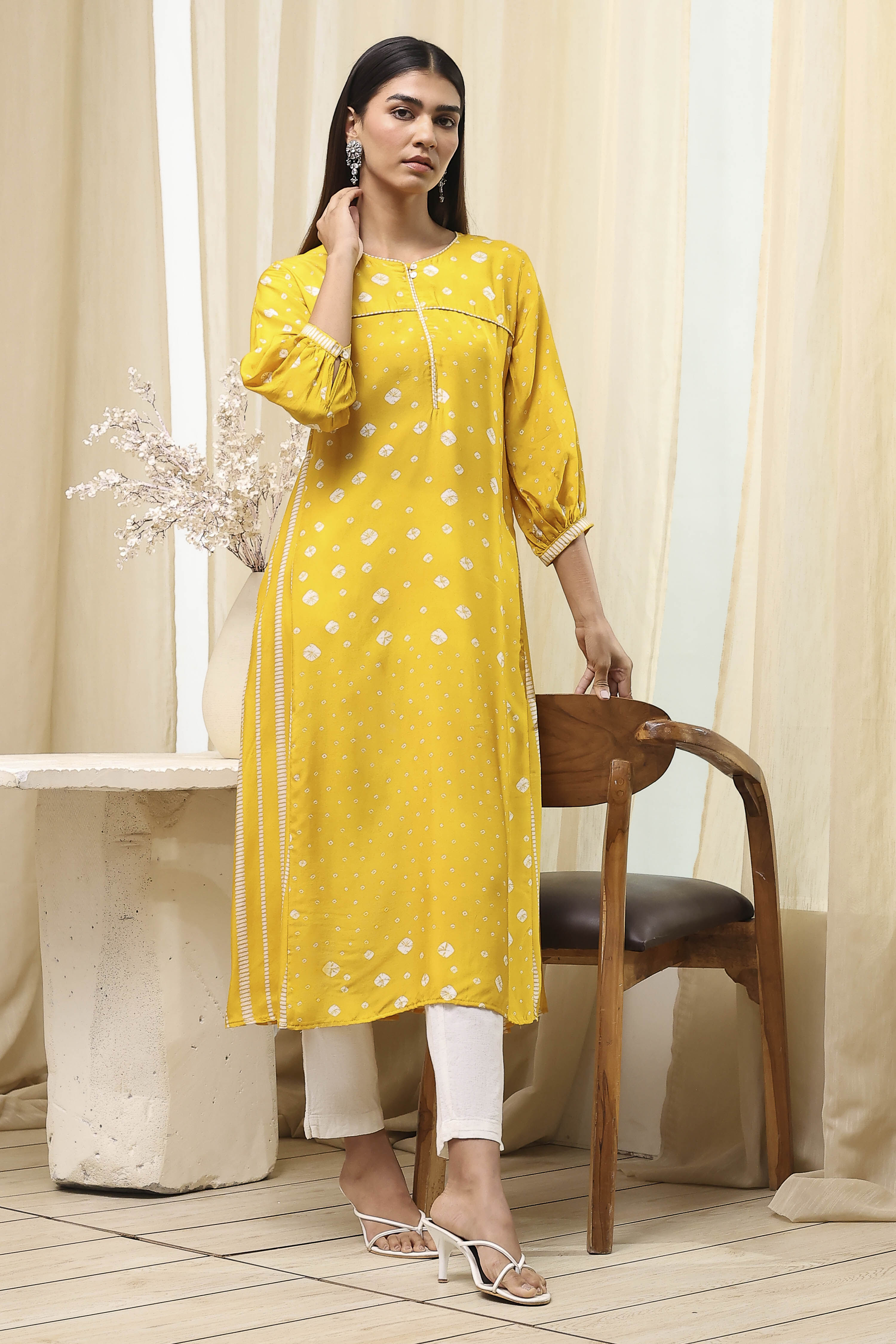 Mustard Yellow Modal Printed A-Line Kurta image number 0