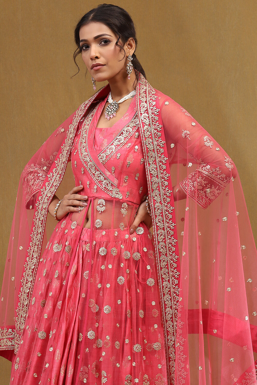 Coral-Pink Polyester Blend Anarkali Lehenga Set image number 1