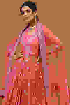 Coral-Pink Polyester Blend Anarkali Lehenga Set image number 1