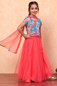 Blue and Pink Floral Festive Flared Lehenga Set image number 3