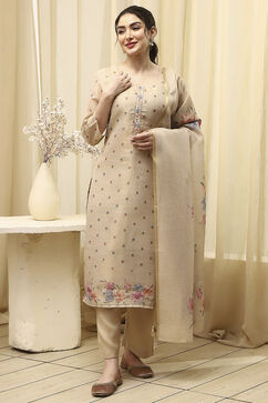 Beige Tissue Printed Unstitched Suit Set image number 7