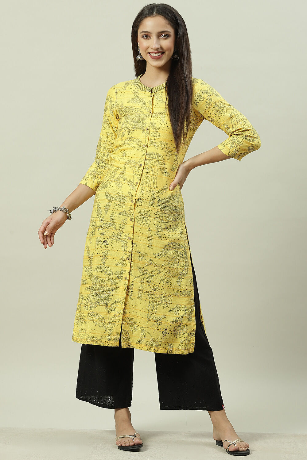 Yellow Rayon Front Open Printed Kurta image number 0