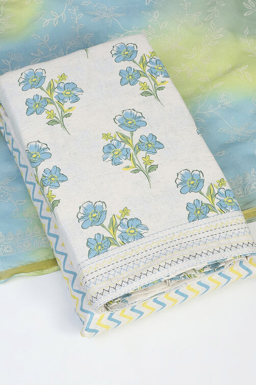 Beige-Blue Cotton Unstitched Suit Set image number 5