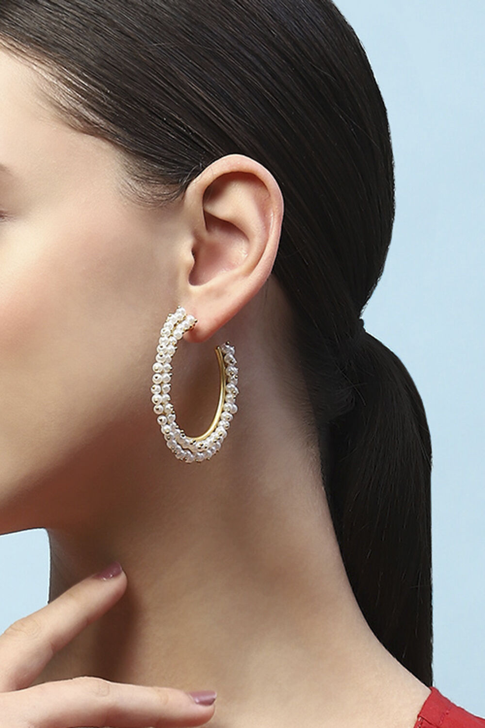 White Gold-Plated Pearl Contemporary Hoops image number 3