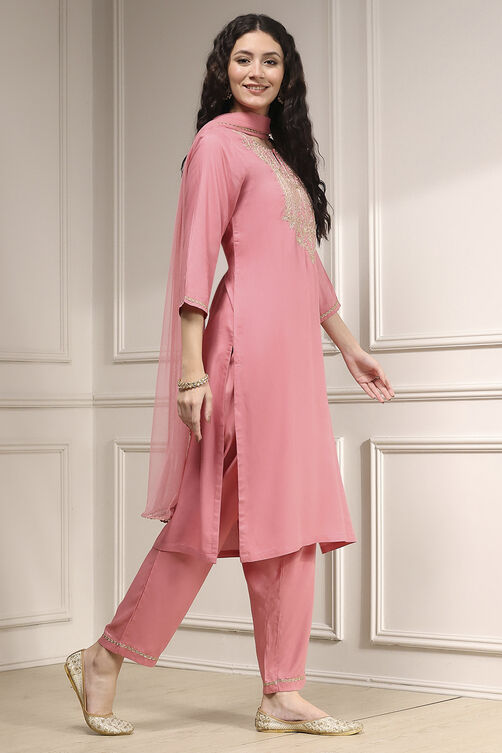 Pink Embroidered Straight Suit Set image number 5