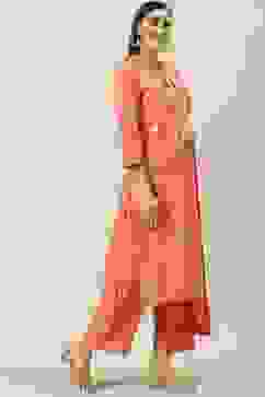 Peach Printed Cotton Straight Kurta Palazzo Suit Set image number 6