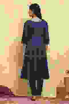 Navy Blue Cotton Tiered Solid Suit Set image number 4