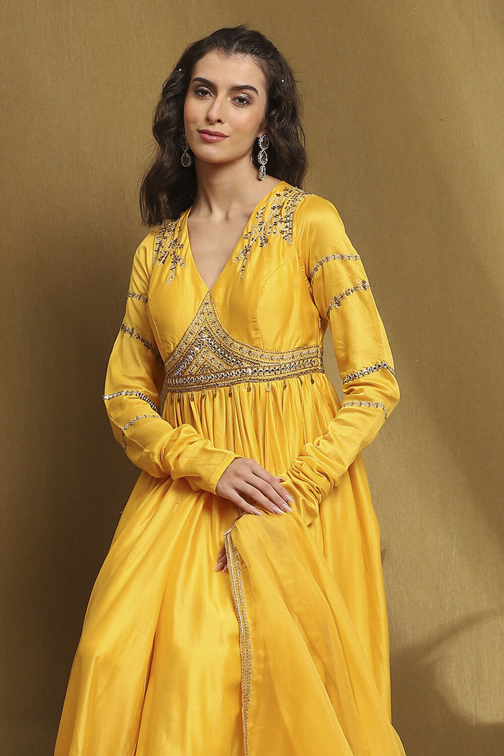 Yellow Silk Chanderi Embroidered Anarkali Suit Set image number 7