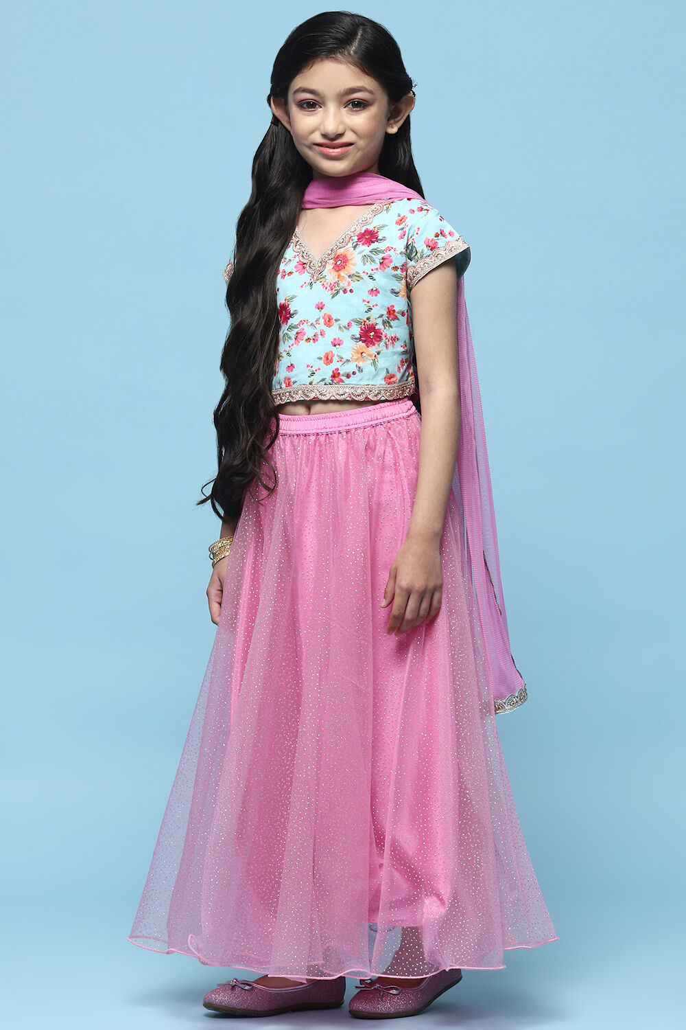 Blue Cotton Printed Blouse With Net Lehenga & Net Dupatta image number 4