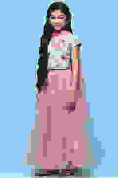 Blue Cotton Printed Blouse With Net Lehenga & Net Dupatta image number 4