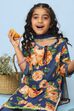 Blue Cotton Straight Printed Suit Set